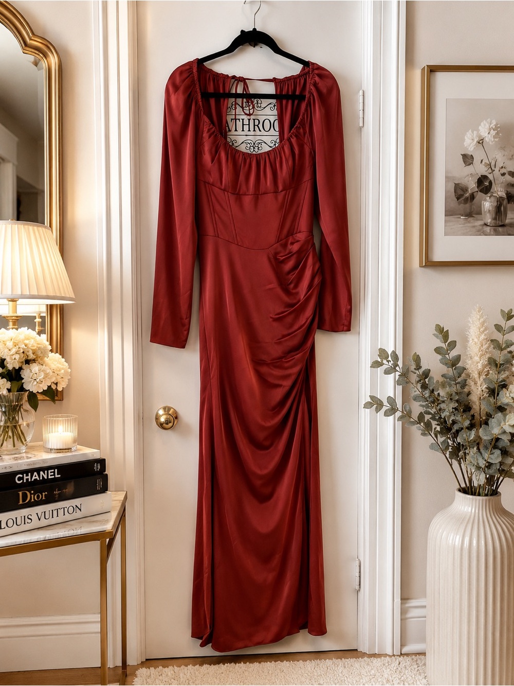Azazie Long Sleeve Satin Gown in Deep Red